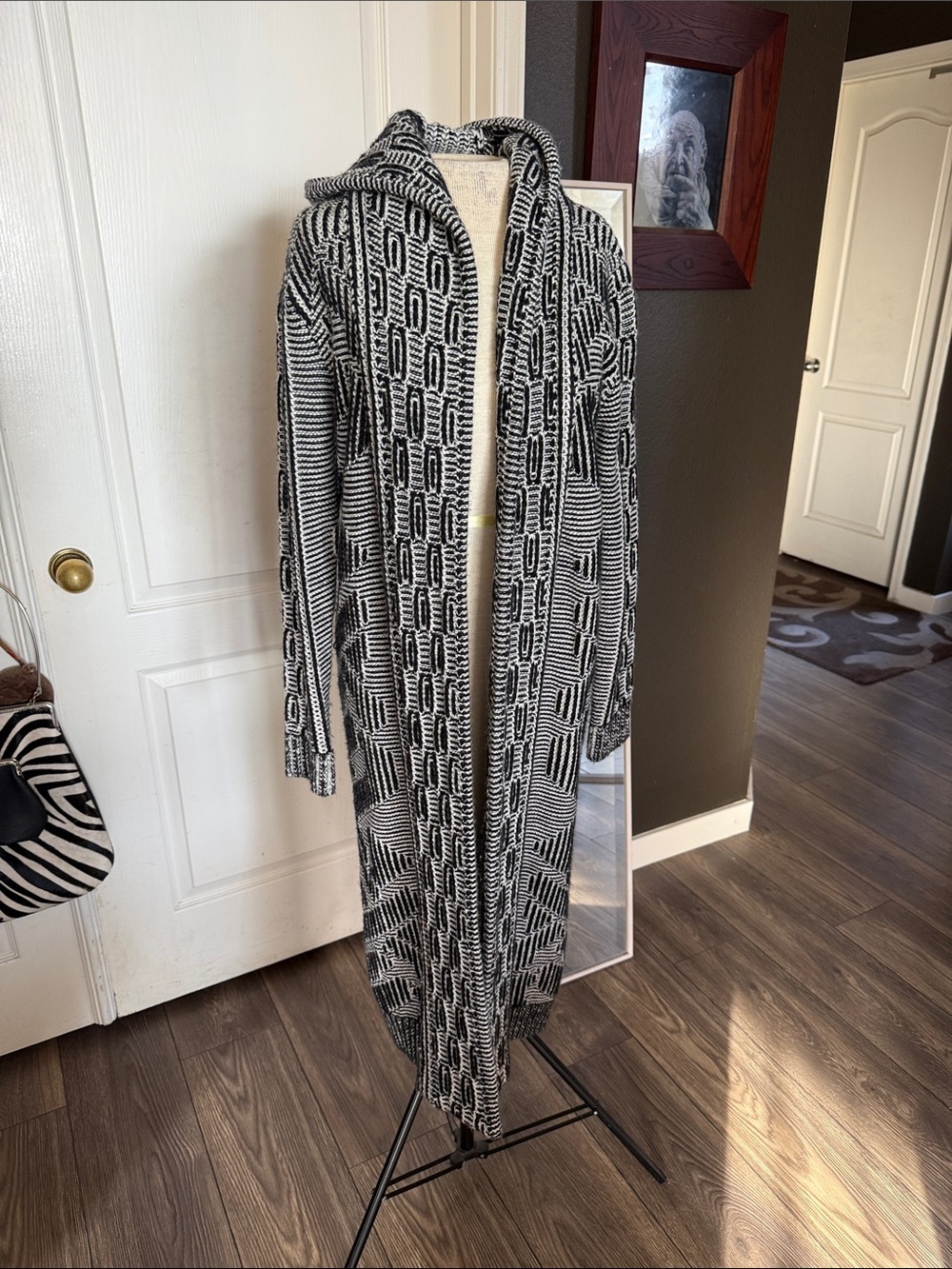 2 SISTERS hooded Black & White Marled Knit long duster cardigan Sweater